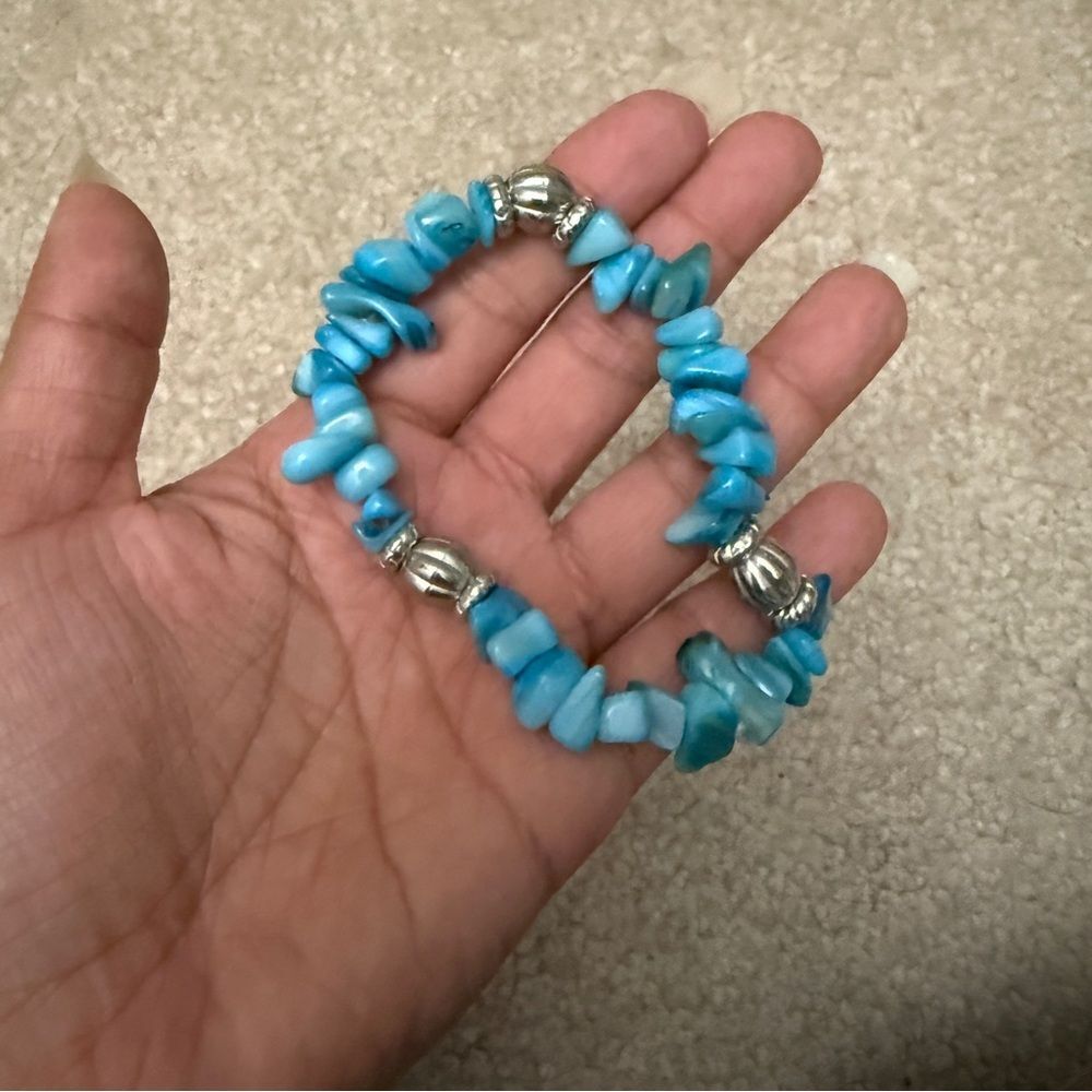 Turquoise Beaded rocks Bracelet natural blue natural stones stretchy handmade